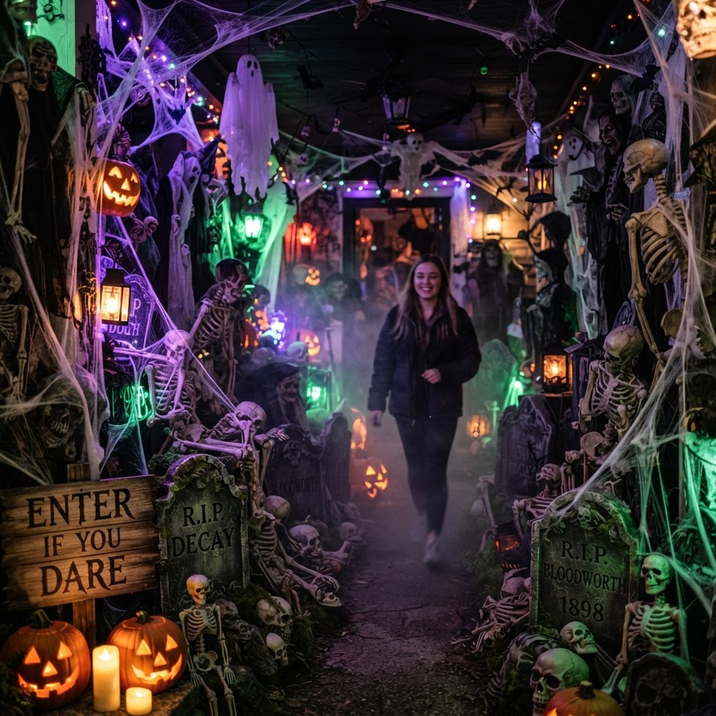 Fully decorated front porch walkthrough haunt at night packed with tombstones, skeletons, spider webs, fog, purple and green LED lights, lit jack-o-lanterns, and draped ghosts