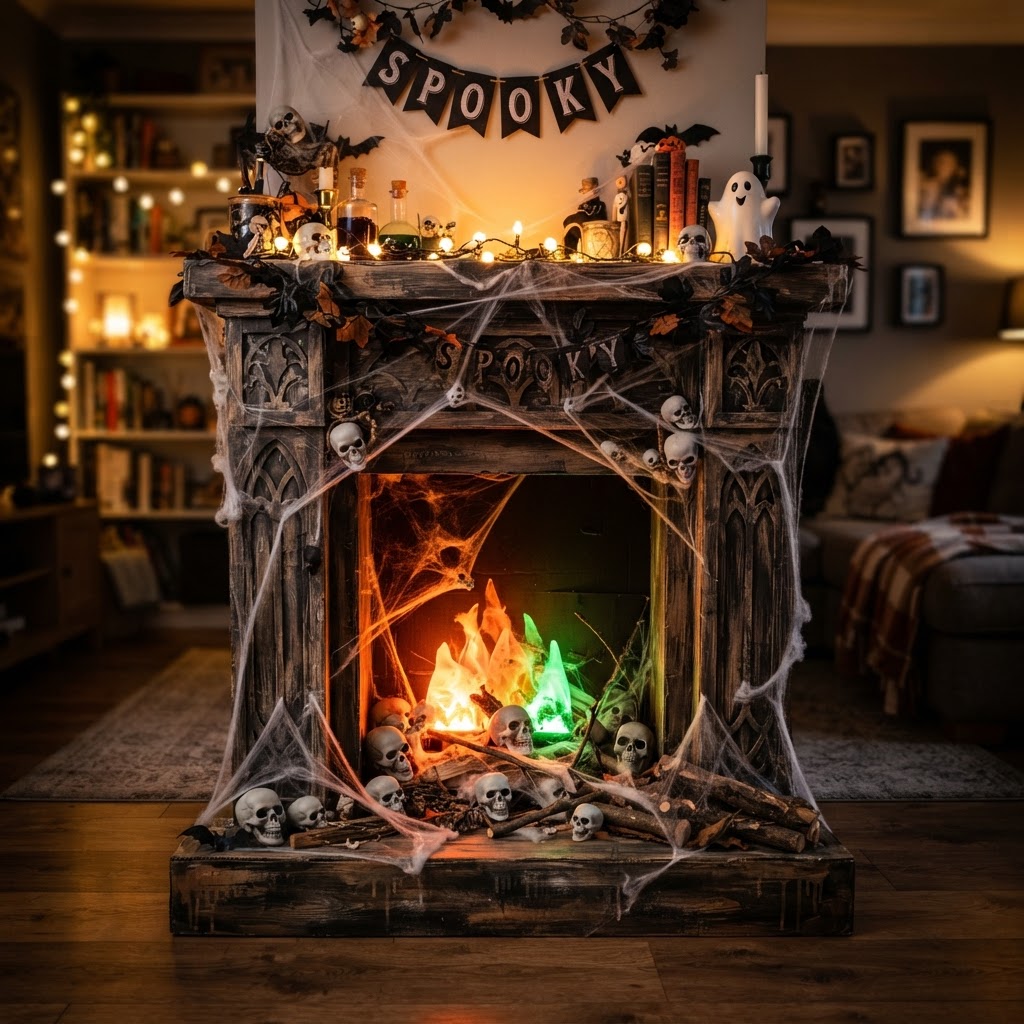 Fake cardboard fireplace painted spooky with orange and green LED faux flames glowing inside, decorated with mini skulls and cobwebs in a cozy living room