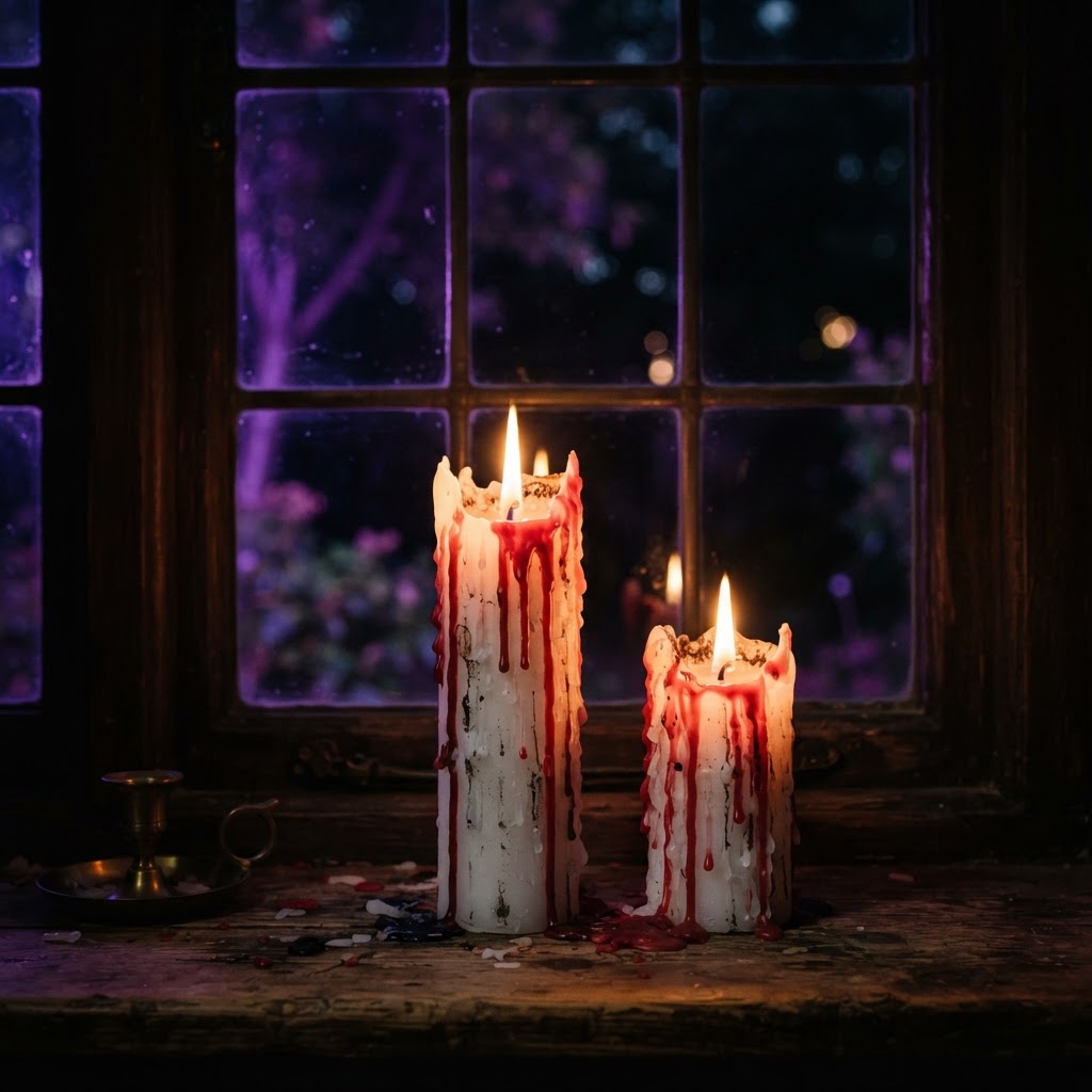 Windowsill with white pillar candles melting with red wax blood drips, lit flames, dark window with purple light behind