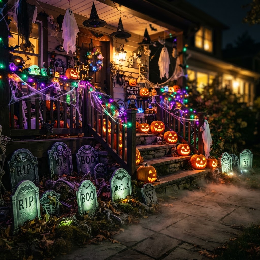 Glow-in-the-dark graveyard porch with foam tombstones, purple and green LED lights, fog, and jack-o-lanterns