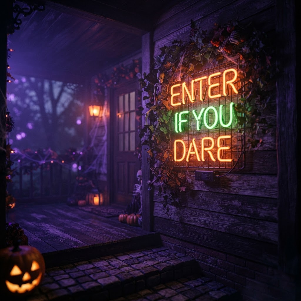 Glowing neon sign reading ENTER IF YOU DARE in orange and green, mounted on a dark front porch with fog and purple lighting