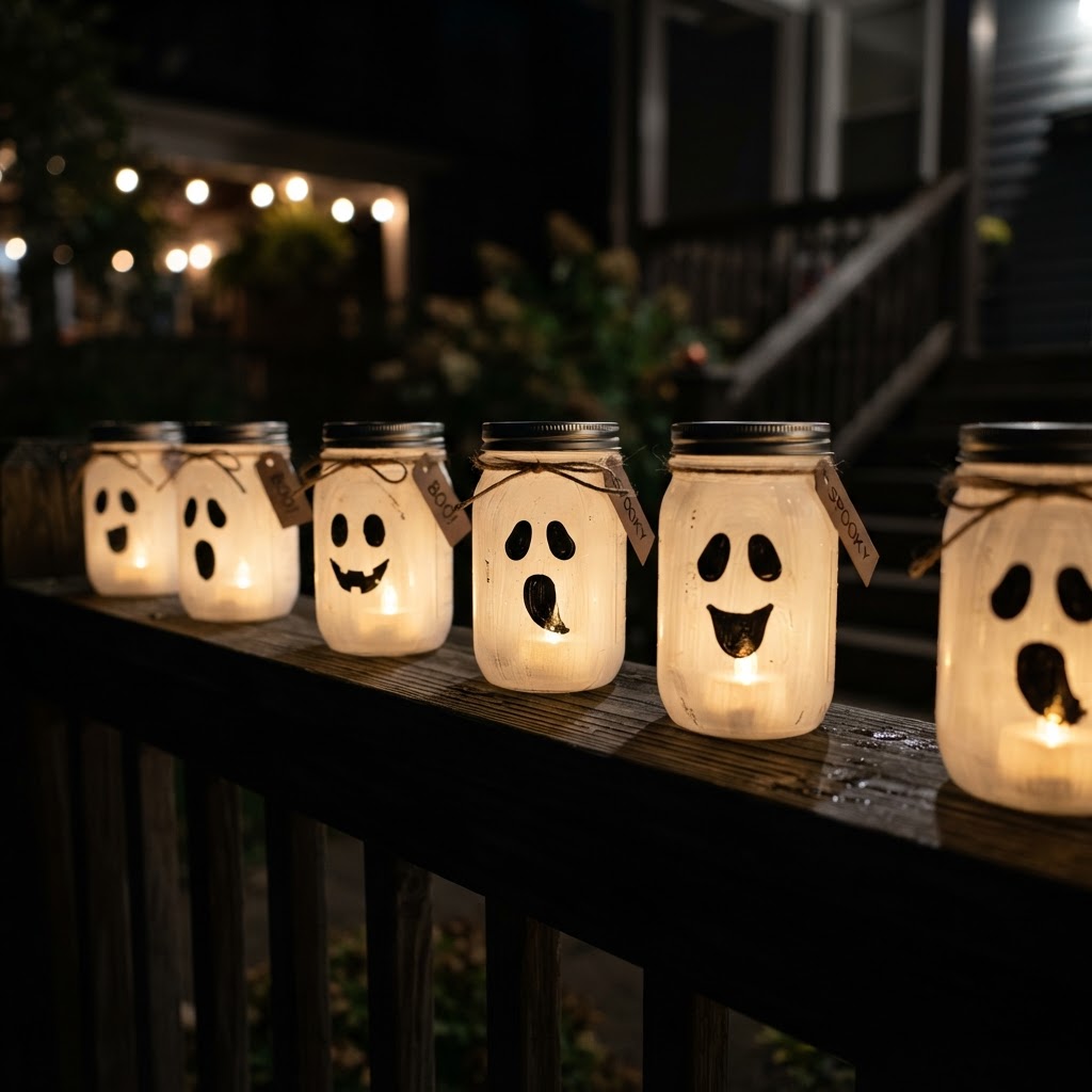Mason jar ghost lanterns lined up on a porch railing, each painted white with a ghost face and lit inside with a warm LED tea light