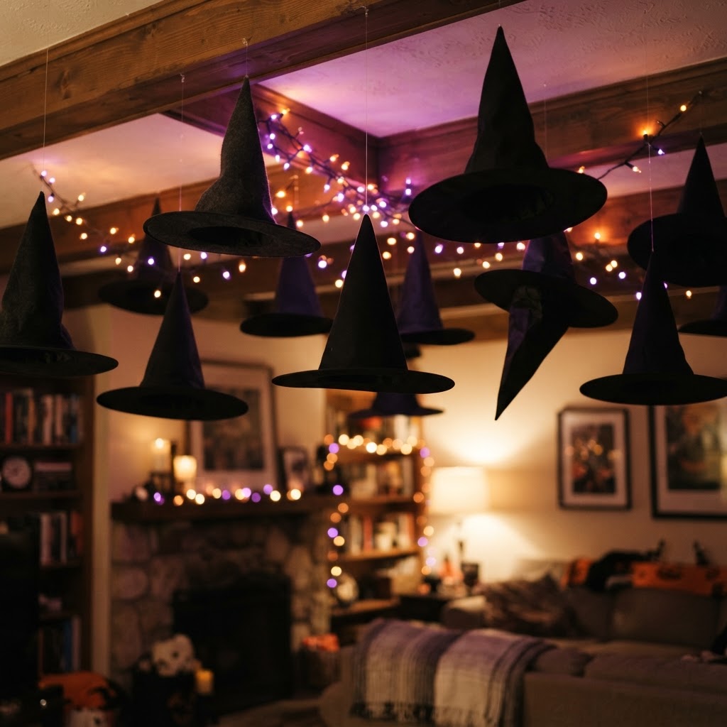 Black witch hats hanging from a living room ceiling at varying heights on clear string, with purple and orange string lights woven between them