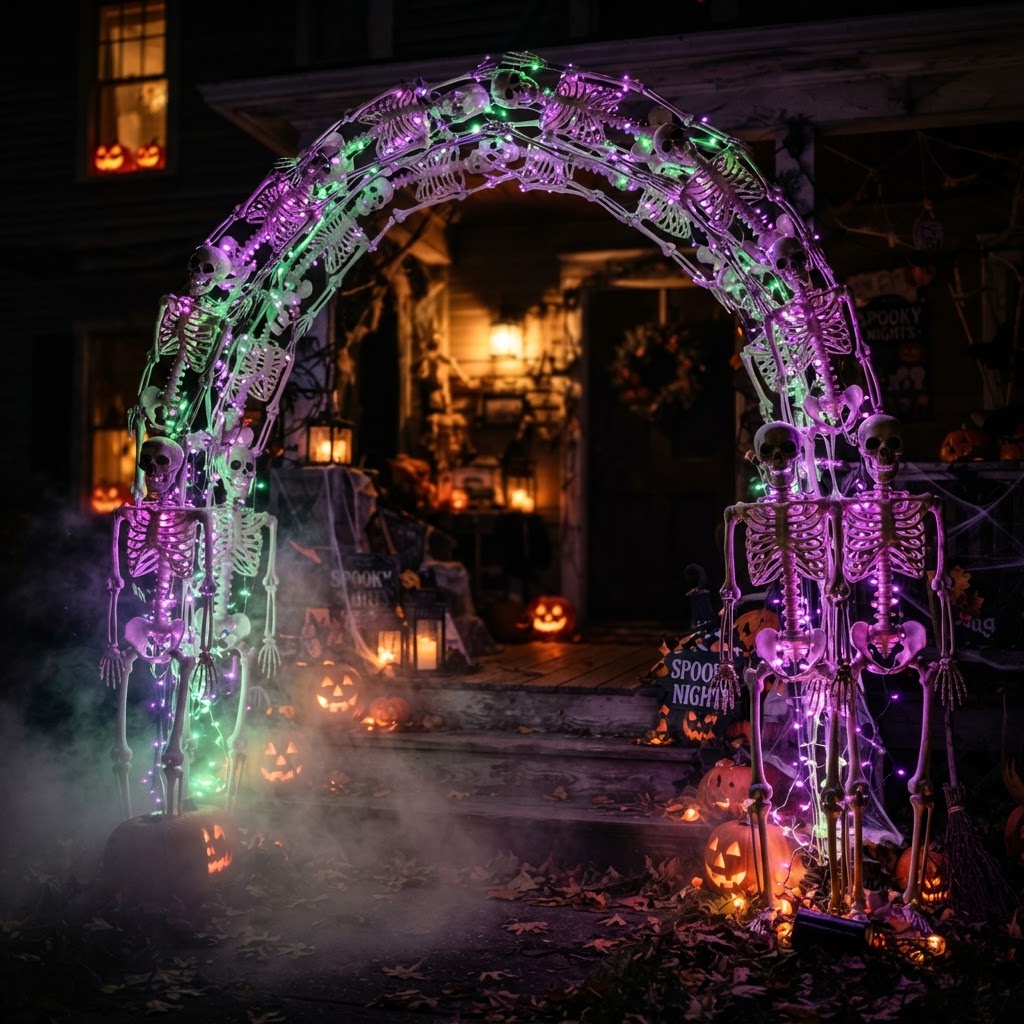 Front porch archway made of plastic skeletons joined at the hands, draped with purple and green string lights, and fog at the base
