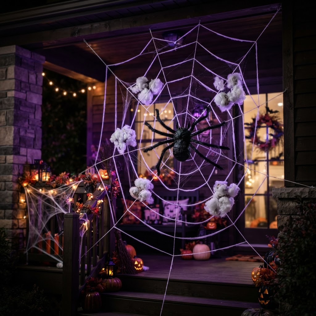 Giant white synthetic spider web stretched across a dark porch with fluffy egg sacks and a large black spider