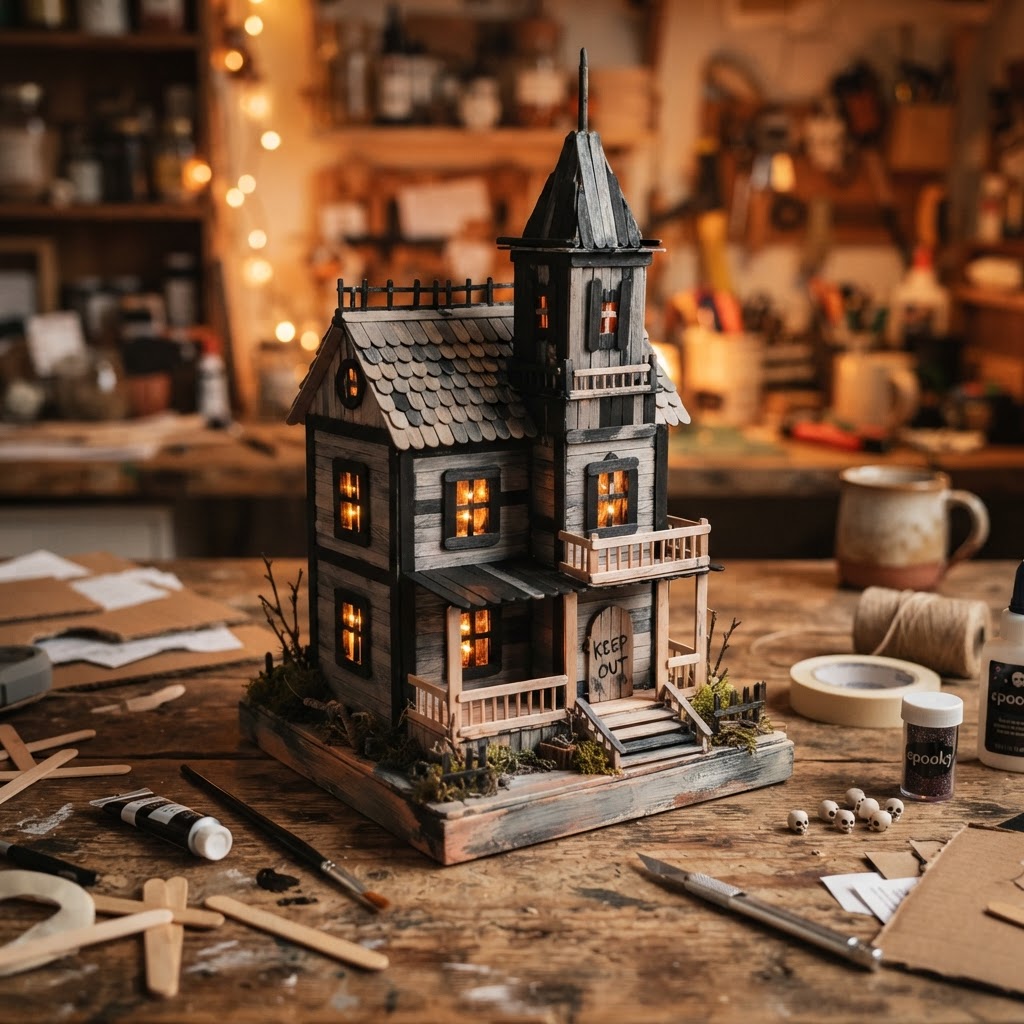 Miniature haunted mansion built from painted popsicle sticks lit with tiny orange LED on a craft table
