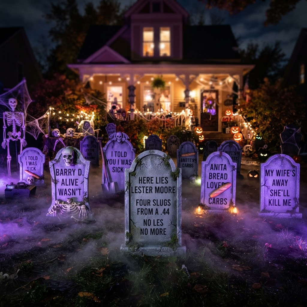 Front yard foam tombstone cemetery at night with grey painted gravestones, funny epitaphs, purple uplighting, and low fog rolling across the grass