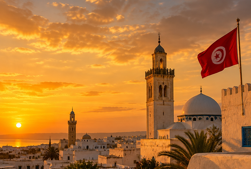 Tunisian town at golden sunset