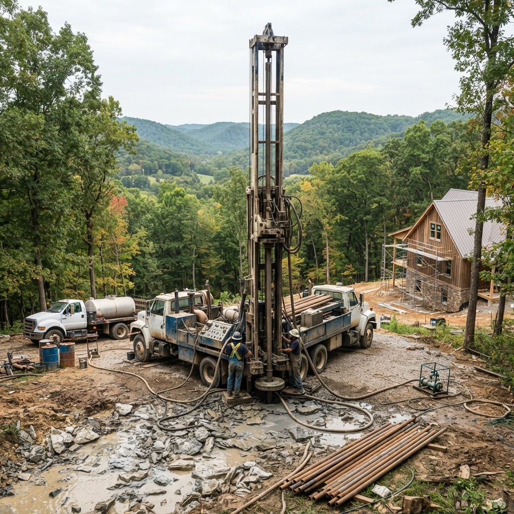 Drill rig mast raised beside a new home site on a wooded hillside near Bloomington, Indiana