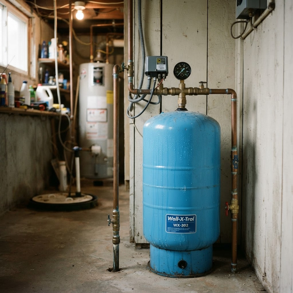 Well contractor checking a pressure gauge during a home-sale well inspection near Bloomington, Indiana