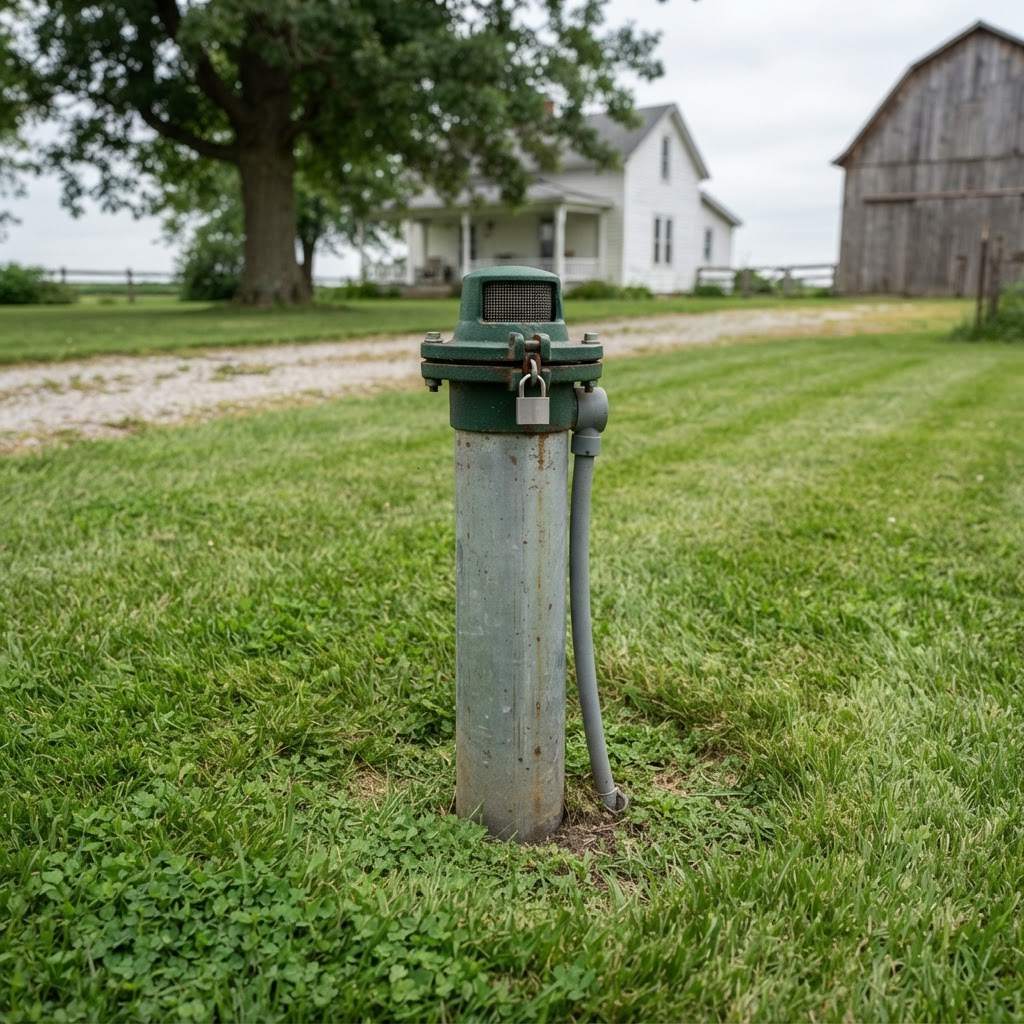 New well casing extending above ground with a vented sanitary well cap