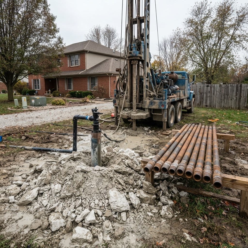 Limestone cuttings piled next to a newly drilled residential water well in Monroe County