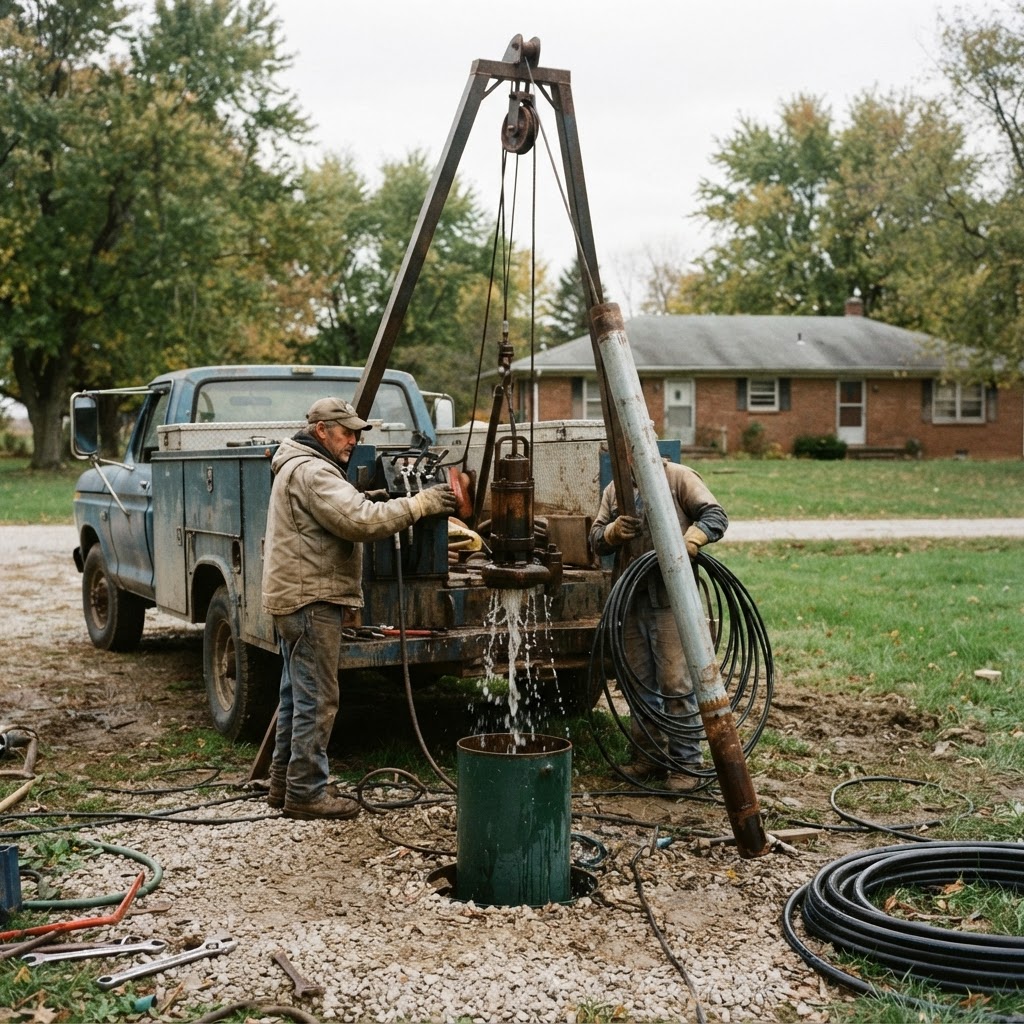 Submersible well pump and drop pipe lifted out of a residential well in Monroe County, Indiana