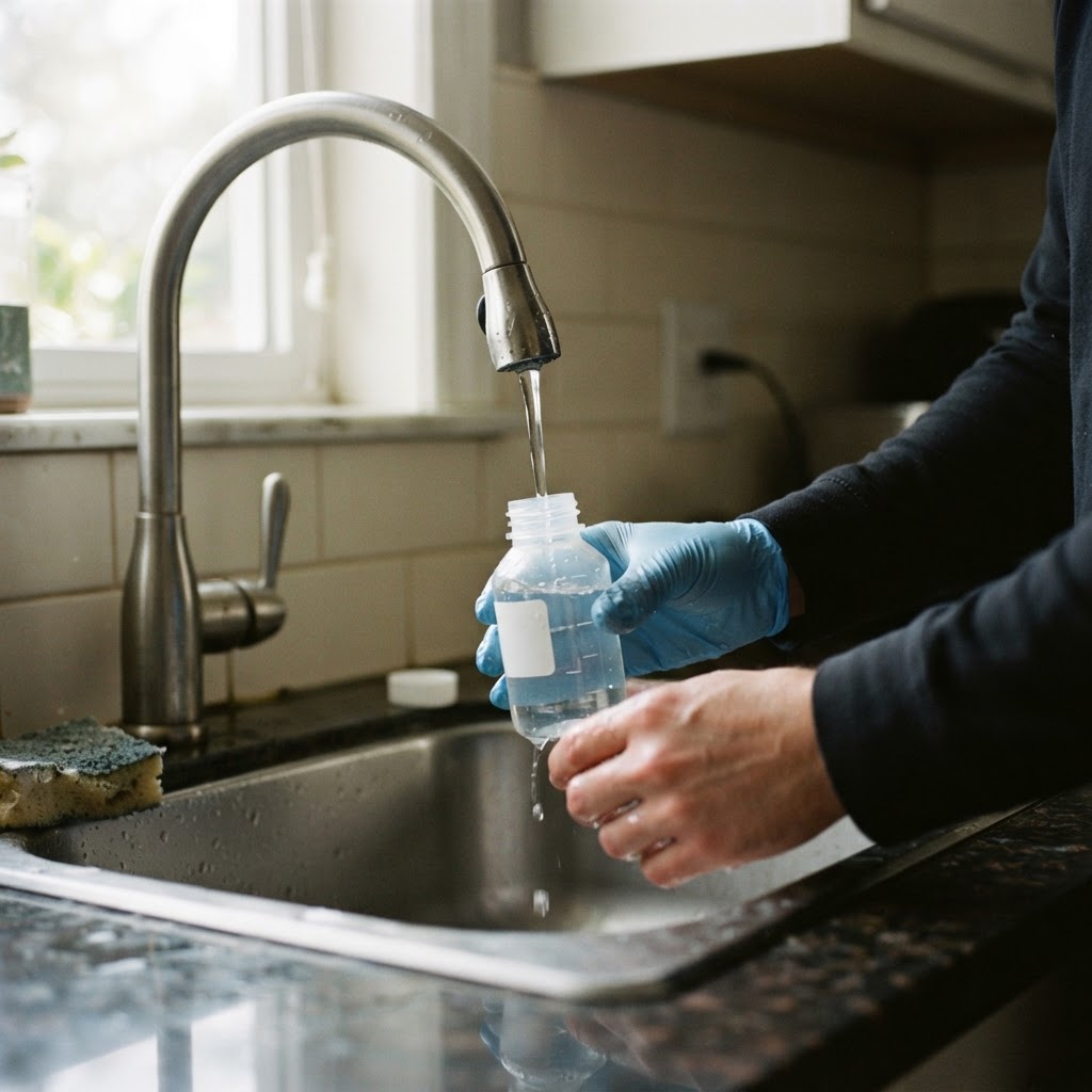 Sterile water sample bottles filled at a kitchen faucet for a private well bacteria test