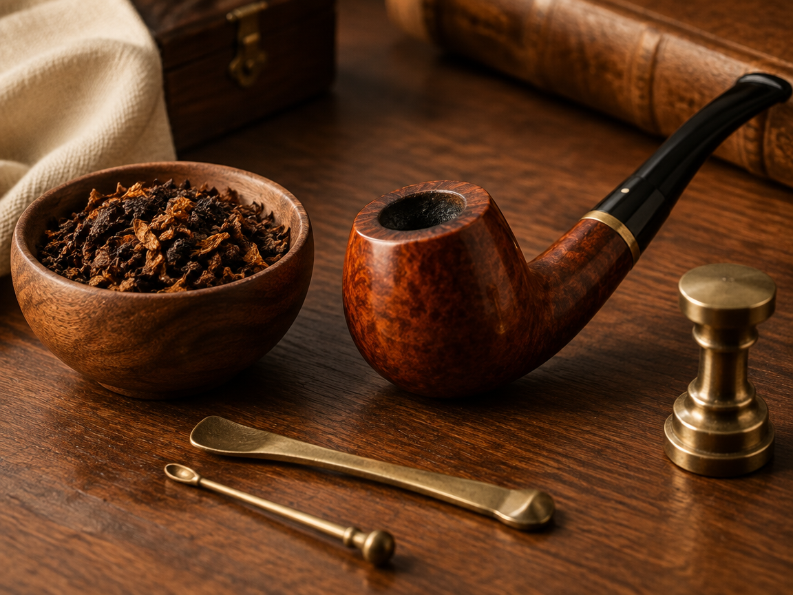 Pipe tobacco and traditional pipe tools on a wooden surface