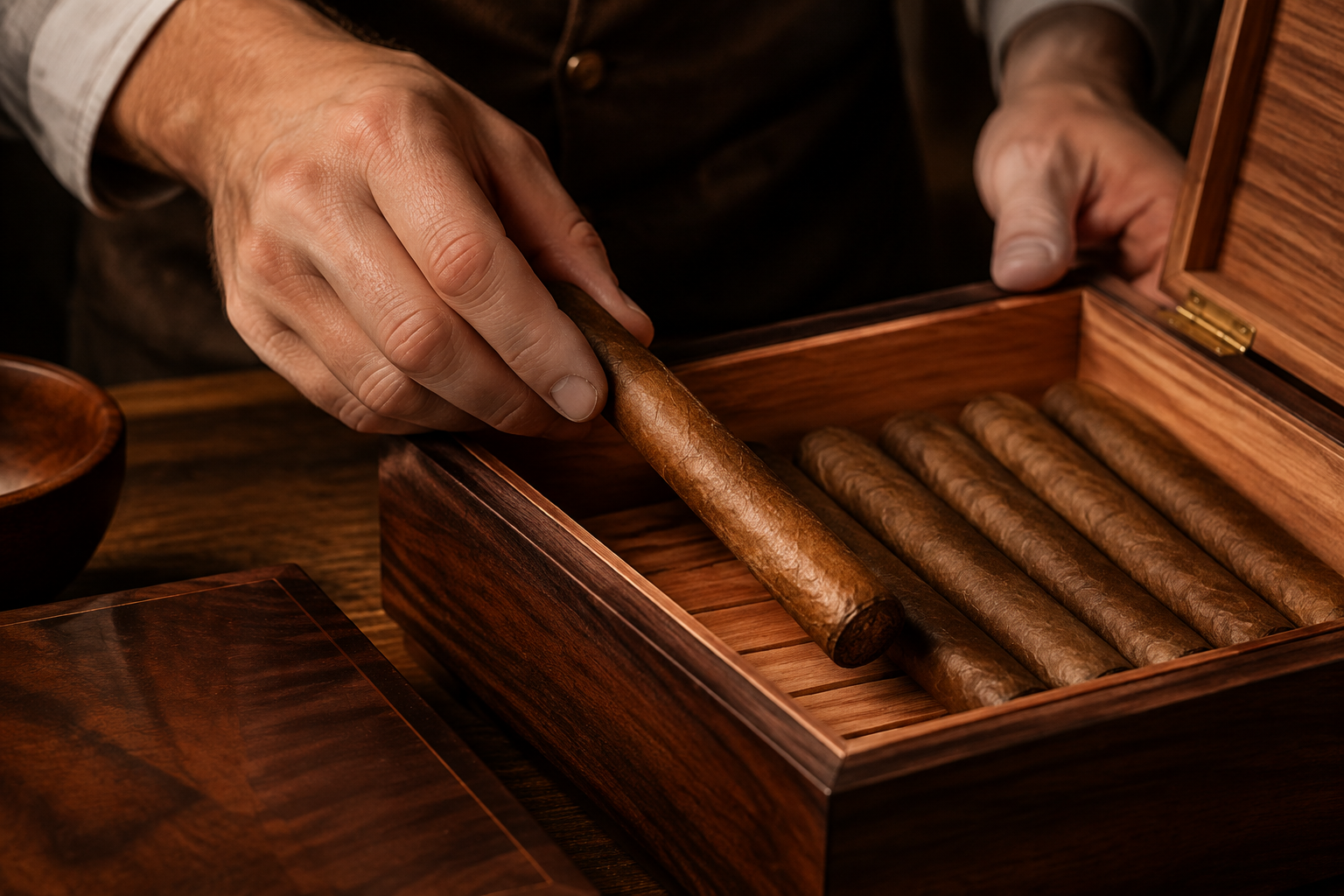 Hands placing a cigar into a cedar-lined tray