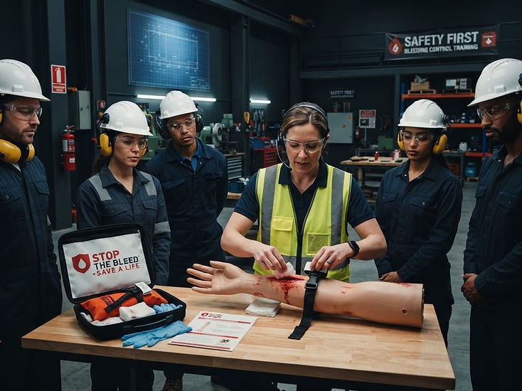 Instructor demonstrating wound packing and tourniquet application on a training manikin