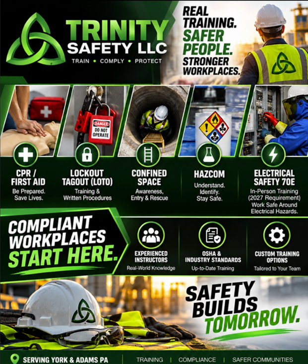Trinity Safety LLC training services flyer — CPR/First Aid, Lockout/Tagout, Confined Space, HazCom, and NFPA 70E Electrical Safety. Real training, safer people, stronger workplaces. Serving York & Adams PA.