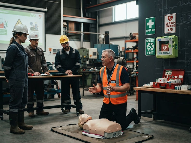 Instructor demonstrating CPR on a training manikin with an AED unit nearby