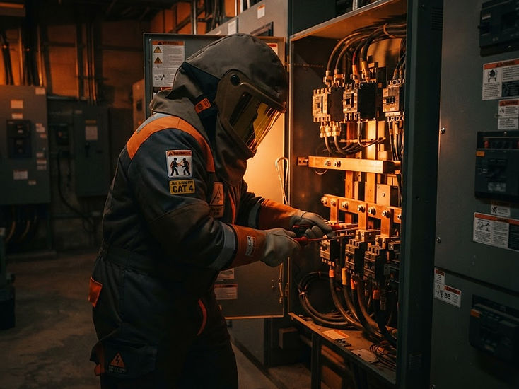 Worker in arc flash protective gear servicing an electrical panel