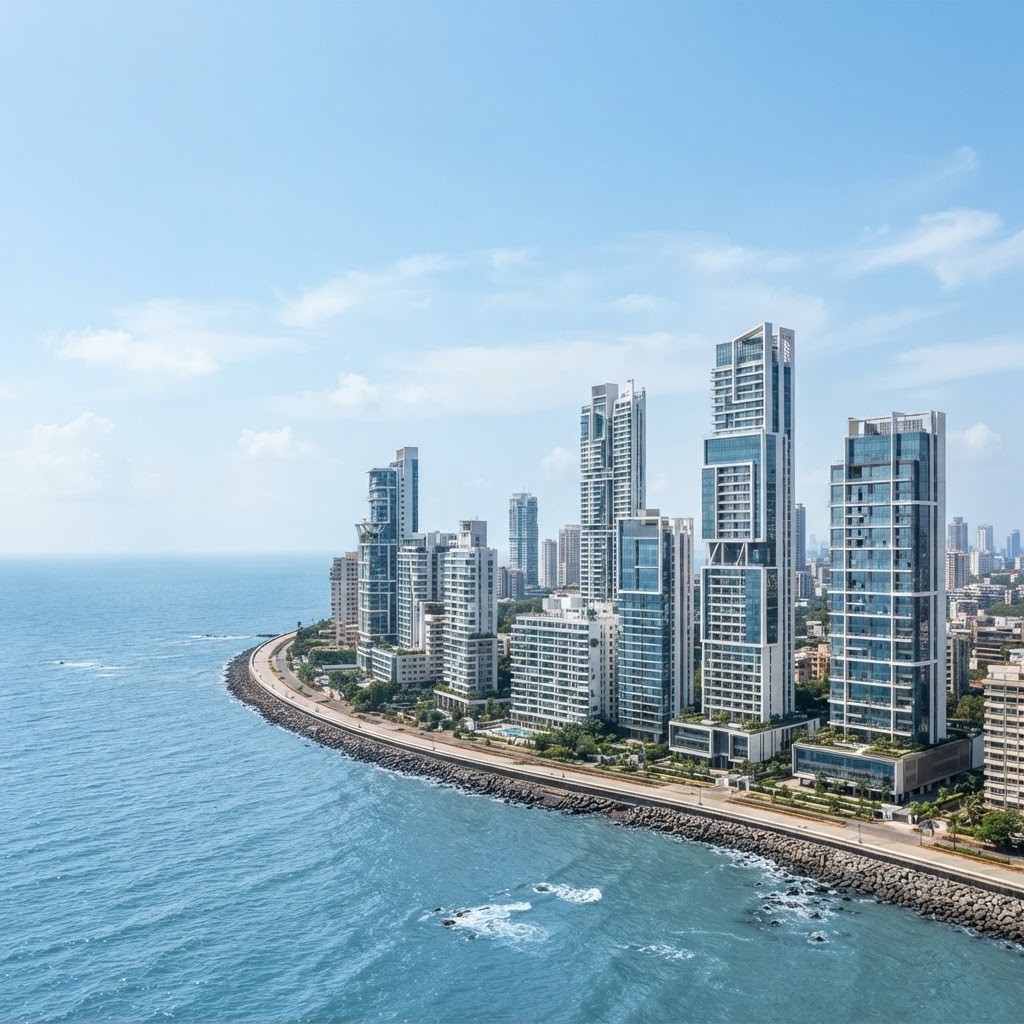 Modern glass-and-steel high-rise buildings in Mumbai under a bright sky