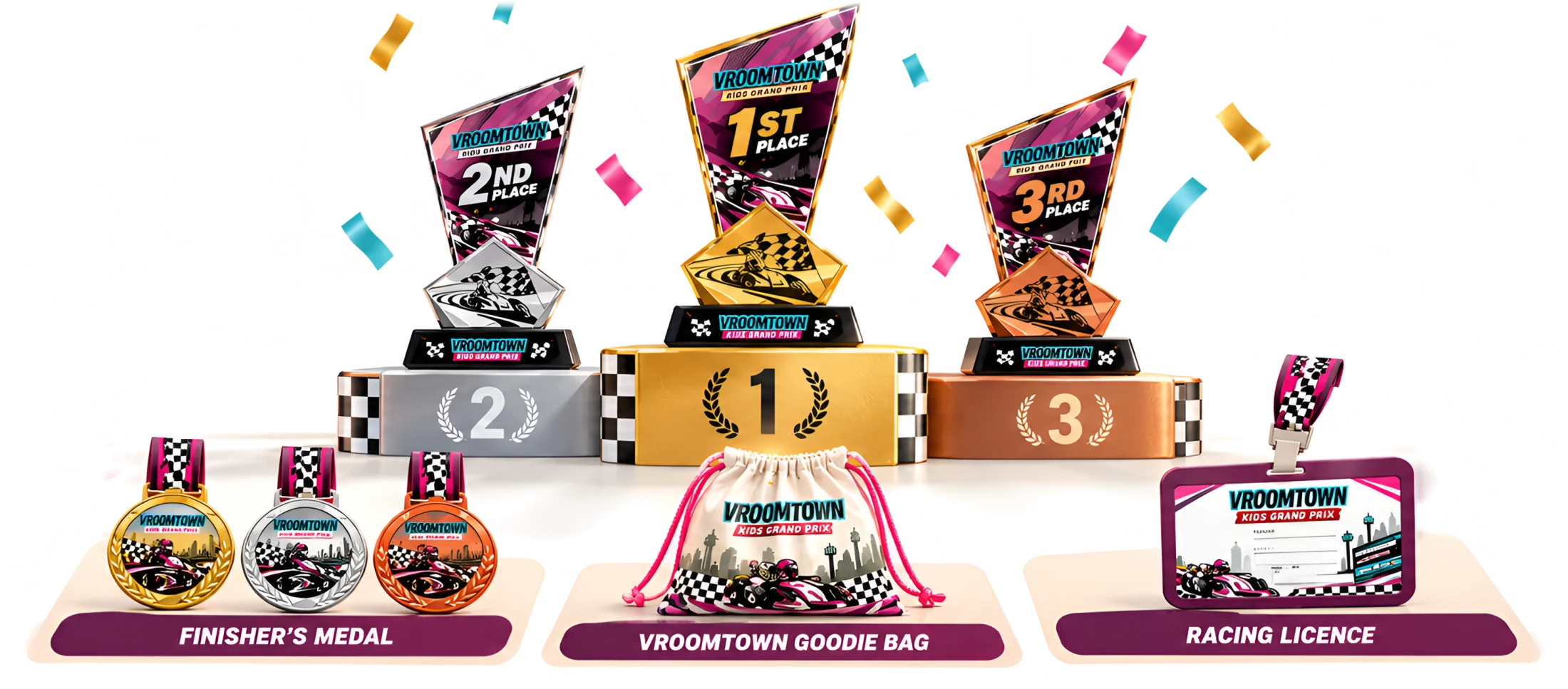 Grand Prix prizes: 1st, 2nd and 3rd place trophies on the podium, finisher's medals, a VroomTown goodie bag and a racing licence
