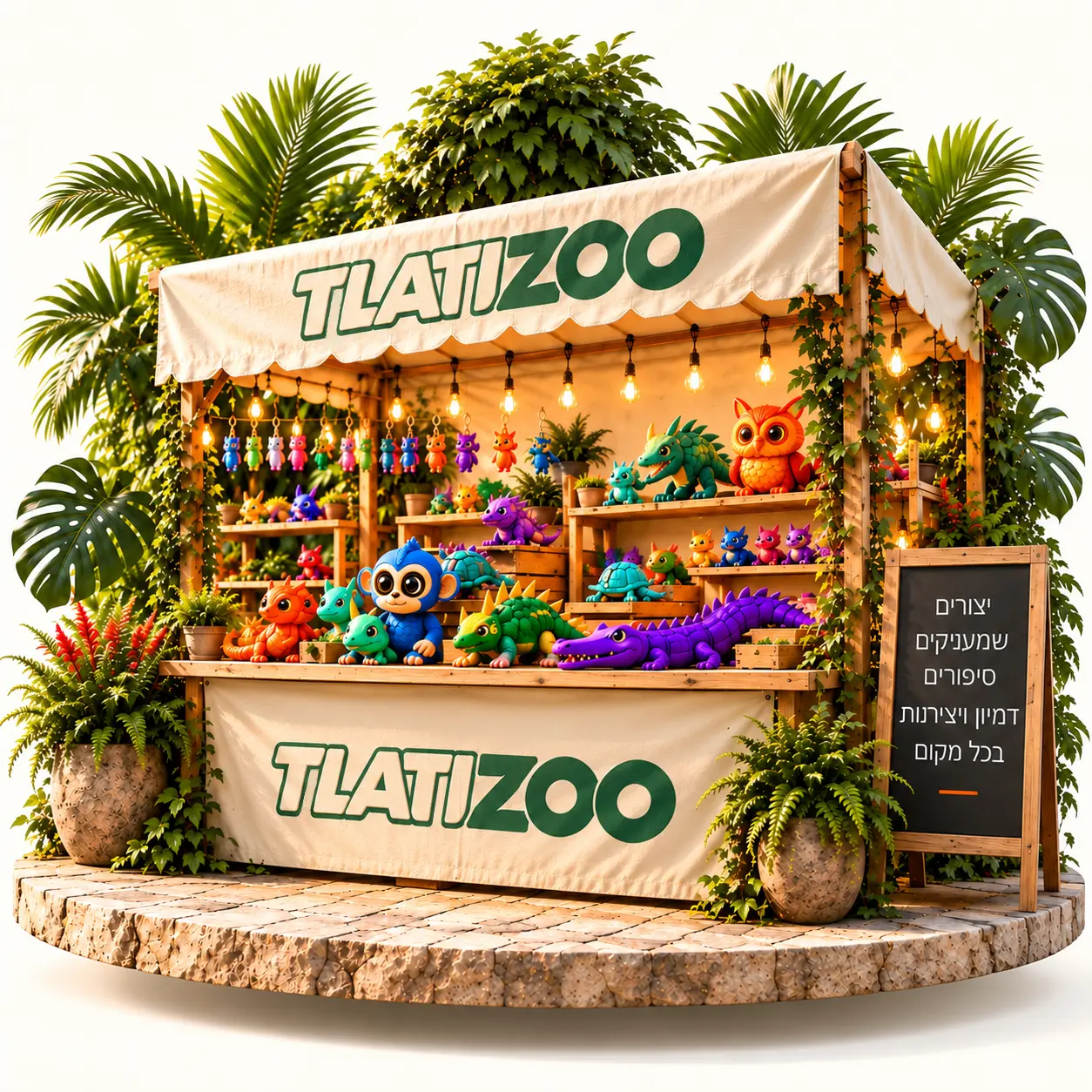 דוכן TLATIZOO מלא ביצורים צבעוניים, אורות וצמחייה
