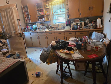 Cluttered kitchen — bags, buckets, and debris everywhere