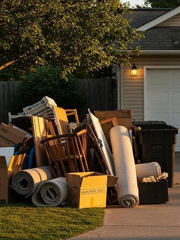 Cardboard boxes, carpets, and a chair on a driveway for hauling