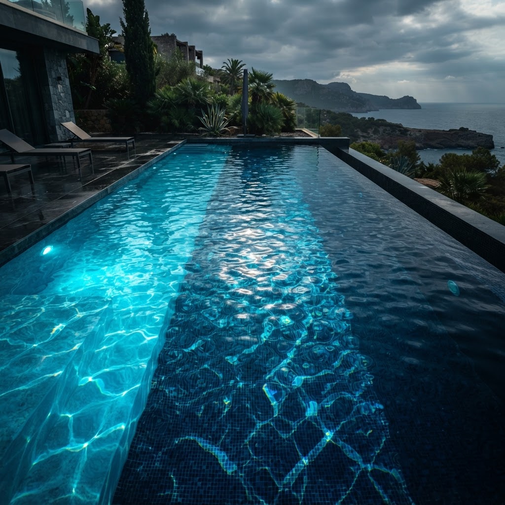 Piscina de agua azul intensa con reflejos solares y destellos cian