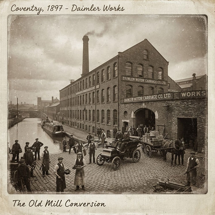 Historic view of the Daimler Motor Mills in Coventry