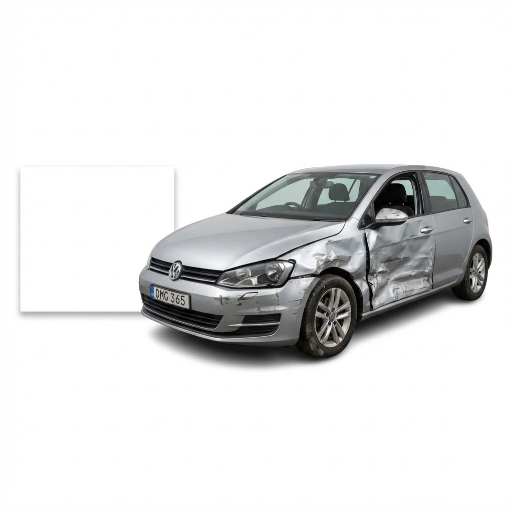 Damaged car with visible accident damage, facing the registration box