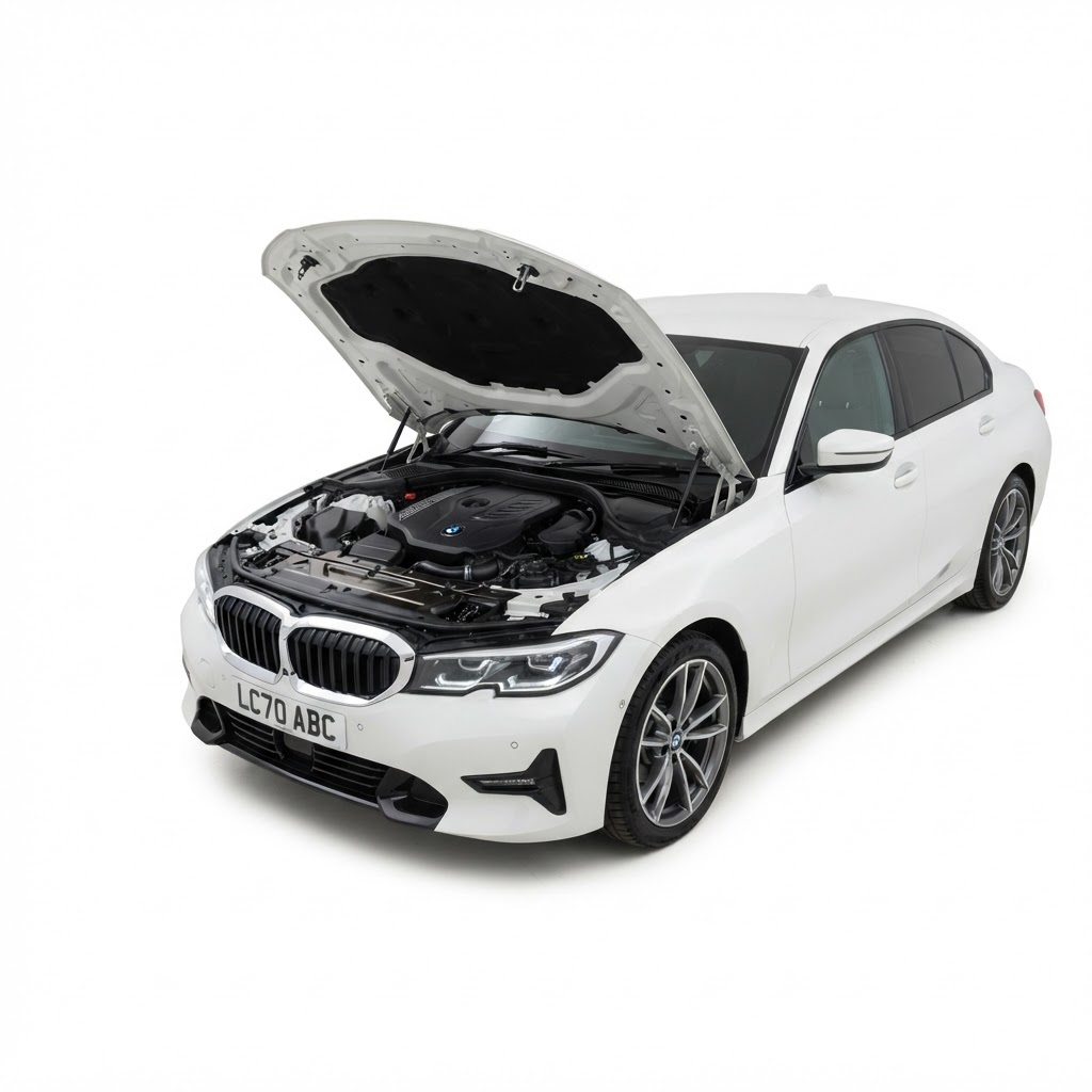 White BMW 3 Series with the bonnet up, facing the registration box