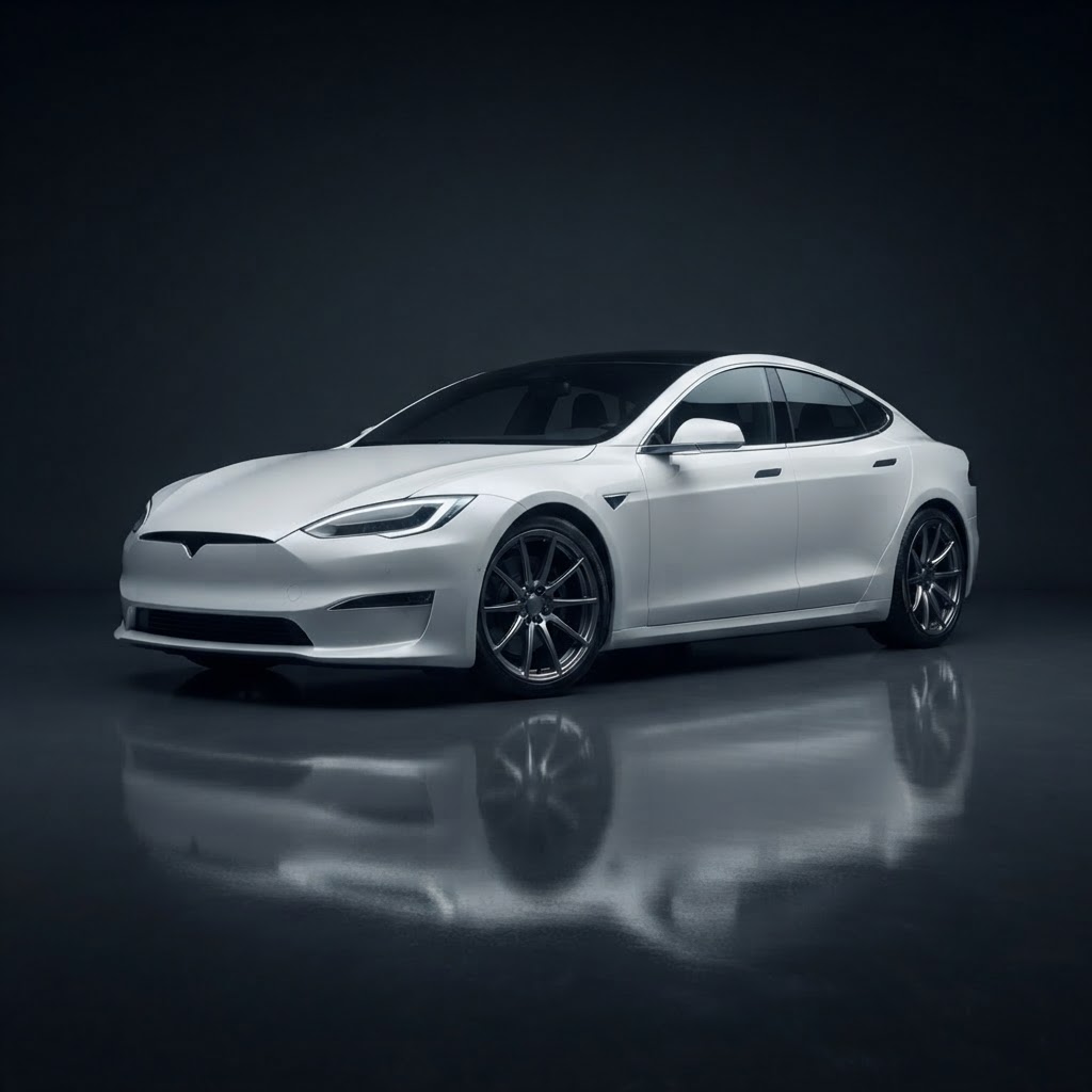White Tesla Model 3 lit inside a dark studio