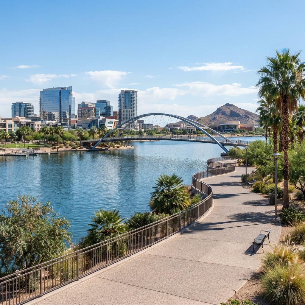 A collage of Maricopa County cities and neighborhoods — Downtown Phoenix skyline, Camelback Mountain, Old Town Scottsdale, Tempe Town Lake, and desert mountain landscapes