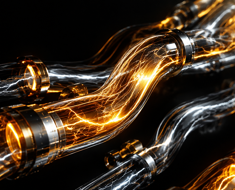 Energía eléctrica fluyendo a través de conductos de cristal