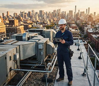 Concept photograph of a field technician working with a tablet on a rooftop