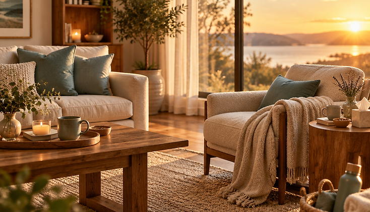 Cozy home interior with warm light and teal accents