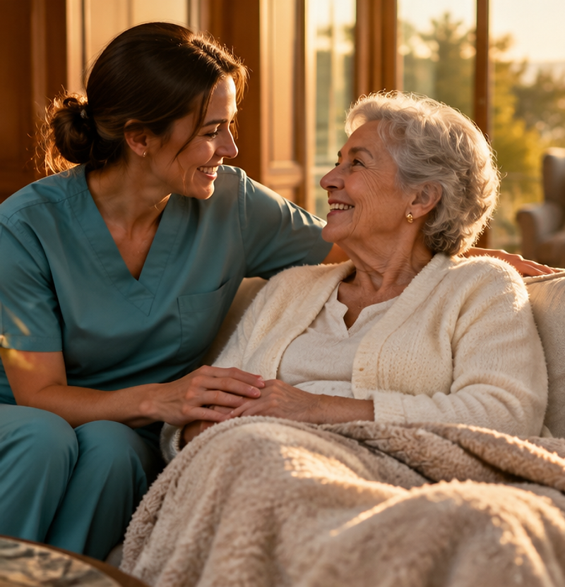 Caregiver sharing a warm moment with a senior in a sunlit home