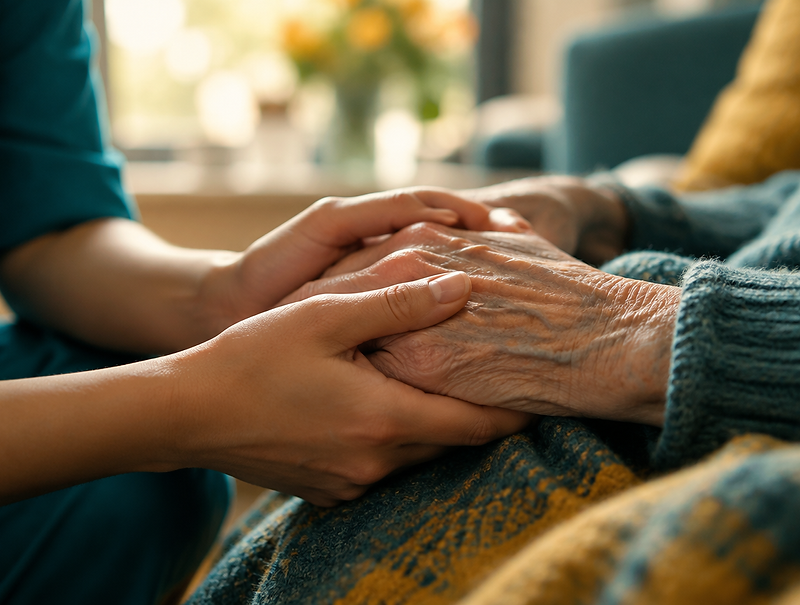 Caregiver gently holding the hands of an elderly person