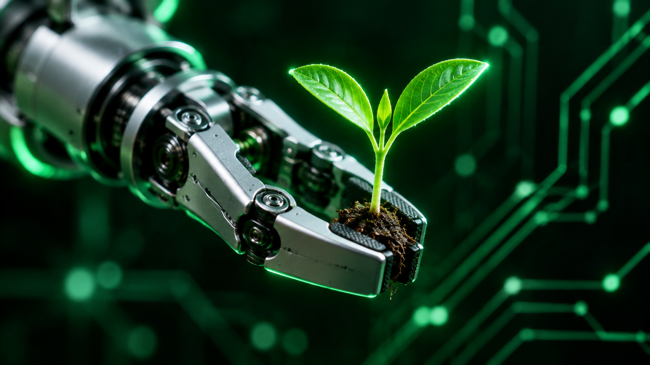 Pince robotique en métal argenté tenant délicatement une jeune pousse verte lumineuse