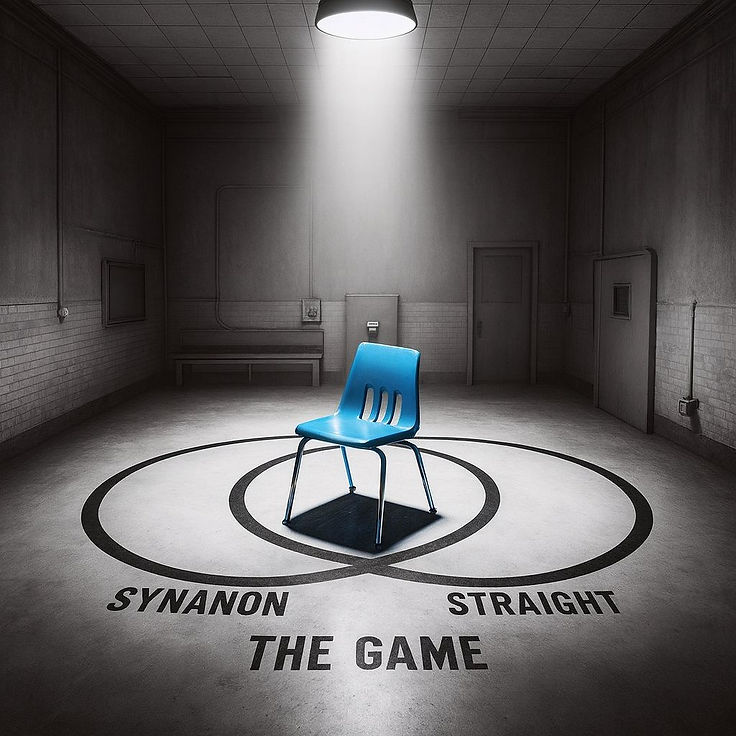 A single blue chair under a spotlight on a concrete floor marked with a Venn diagram: Synanon, Straight, The Game