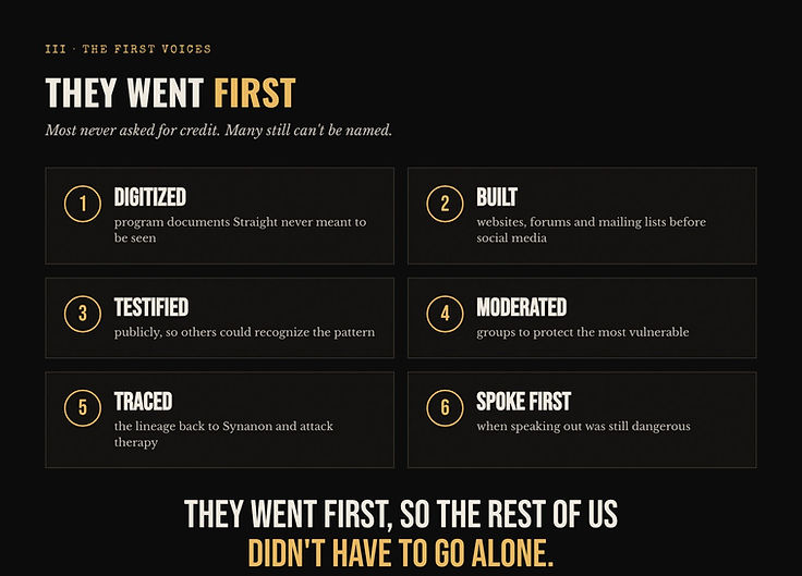 The First Voices: they went first. The six things they did — digitized, built, testified, moderated, traced, spoke first.