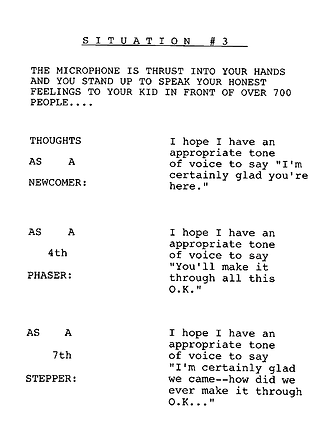 Typed page titled "Situation #3", role-playing a parent speaking into the microphone as a newcomer, a fourth phaser, and a seventh stepper.
