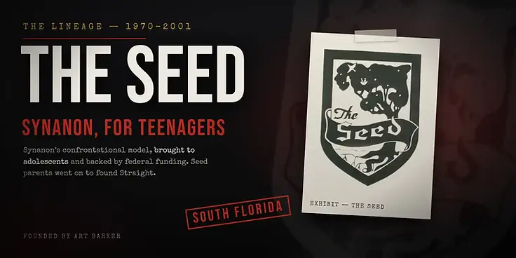 The Seed: Synanon, for teenagers. The Seed logo, a tree in a shield, pinned as an exhibit.