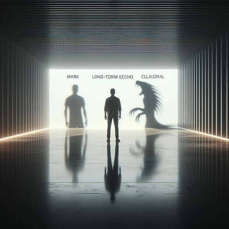 A long lit corridor with a small figure and two shadows thrown on the far wall, a person and a clawed creature