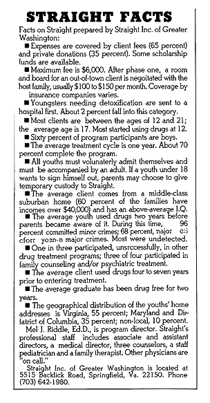 Typed press sheet headed "Straight Facts", listing client fees, insurance, ages, treatment length, crime statistics, and program staff.