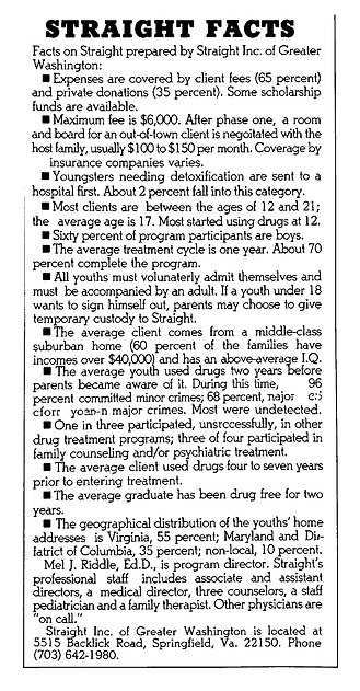 Typed press sheet headed "Straight Facts", listing client fees, insurance, ages, treatment length, crime statistics, and program staff.