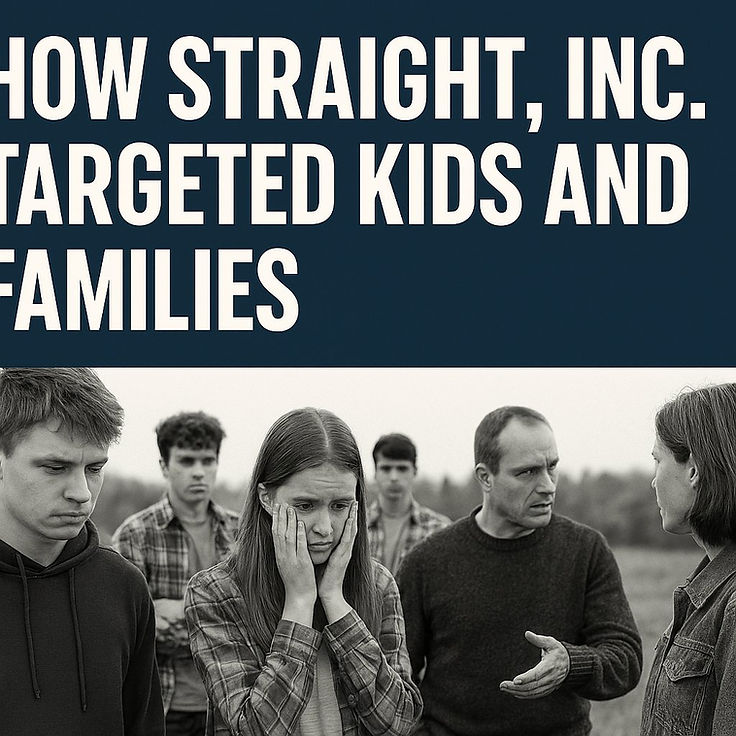 A cover graphic headed How Straight, Inc. Targeted Kids and Families over a black-and-white group portrait