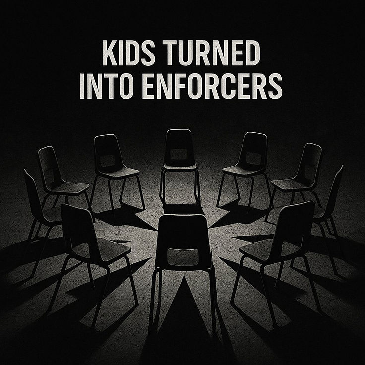A ring of grey chairs around a lit floor, their shadows pointing outward, under the words Kids Turned Into Enforcers